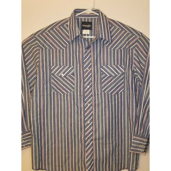 Wrangler Mens 17 35 Multicolor Stripes Snap Button Western Long Sleeve Shirt - Picture 1 of 2